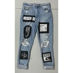 【SATIIIZ】Peber Damage Banded Denim Pants Men's Vintage Stretch Hip Hop Jeans Straight Distressed Side